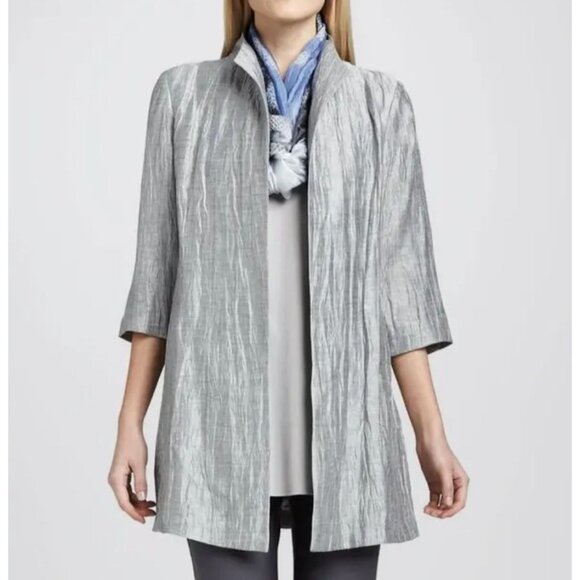 Eileen Fisher Womens Medium Petite Silver Crinkle Linen Blend Open Jacket - Picture 4 of 15